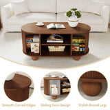 QEIUZON Rectangle Coffee Table, Fluted Coffee Tables for Living Room, Mid-Century Coffee Table Center Table with Storage & Sliding Doors for Apartment, Home Office (Walnut) QEIUZON