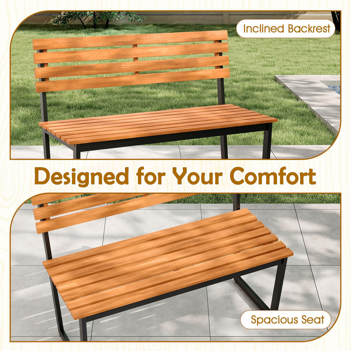 Giantex Outdoor Bench, 43"×22"×33" Acacia Wood Patio Loveseat with Backrest, Heavy Duty Metal Frame, 800 lbs Weight Capacity, 2-Person Garden Bench for Lawn, Porch, Yard and Park Giantex