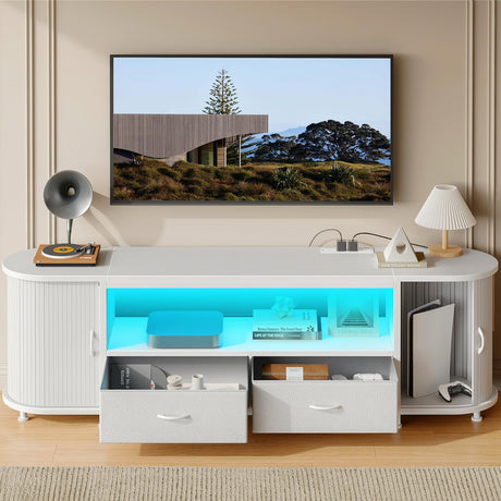Rolanstar TV Stand for 65 70 inch TV, Entertainment Center with Power Outlet and LED, 2 Fabric Drawers TV Console with 2 Cabinet, Open Shelf, Sliding Door, Media Console for Bedroom/Living Room Rolanstar