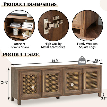 JYED Mid Century Modern TV Stand for TVs up to 75 Inch, with Hollow Metal Mesh Decorated，Boho TV Console with Storage Cabinet,Cable Holes, TV Stand for Living Room, 69.5"x15.6"x24.8", Rustic - WoodArtSupply