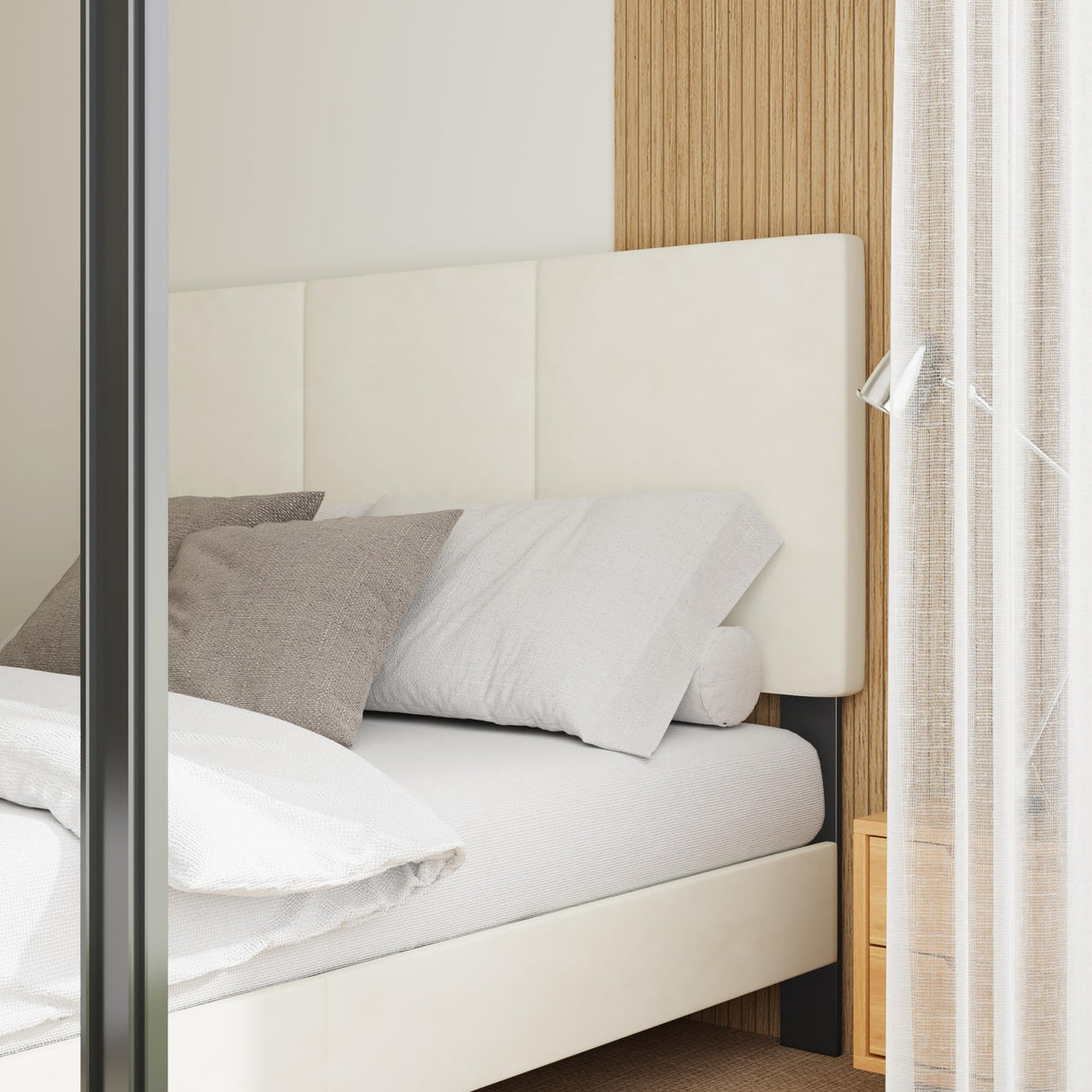 IOILORI Queen Size Bed Frame with Headboard, Vertical Channel Tufted Heavy Duty Queen Platform Bed Frame, No Springs Required, Easy to Assemble, Beige IOILORI