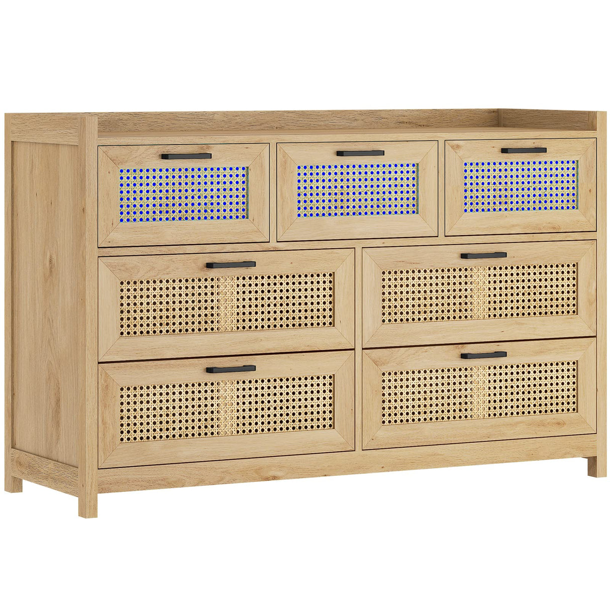 Rattan Dresser for Bedroom with LED Lights, Modern Drawer Dresser with Metal Handles, Wood Storage Chest of Drawers Dresser for Closet, Bedroom, Living Room, Hallway MSmask