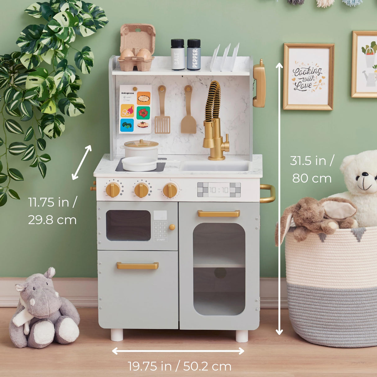 Teamson Kids Little Chef Memphis Small Wooden Play Kitchen with Interactive, Realistic Features, and 16 Kitchen Accessories - for 3yrs and up, Pretend Play House, Restaurant - Gray/Gold/Faux Marble Teamson Kids