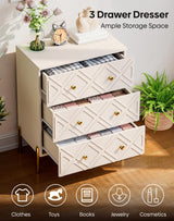 TRINEAR 3 Drawer Dresser, Wood Drawers for Bedroom with Metal Legs, Modern Dressers with Wide Storage, 30 inch Large Nightstand with Diamond Design for Living Room, Hallway, Entryway, Cream TRINEAR