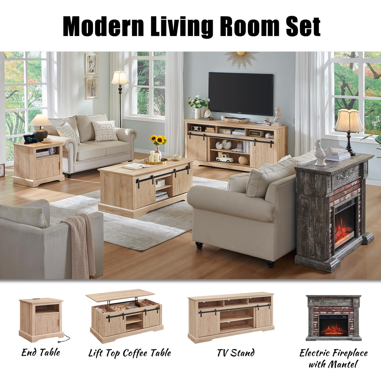 43" Electric Fireplace with Mantel, Electric Fireplace Heater, TV Stand w/Freestanding Electric Fireplace, Stacked Stone Surround, Remote Control, Adjustable Flame Level for Living Room-Light Grey Aitjunz