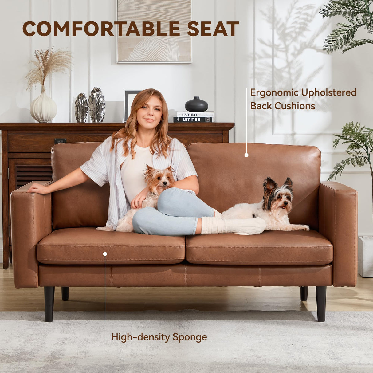 Kingfun 65" Loveseat Sofa, Faux Leather Love Seat Couch, Mid Century Modern Couch with Solid Wooden Frame for Living Room & Bedroom in Small Spaces, Coffee Kingfun