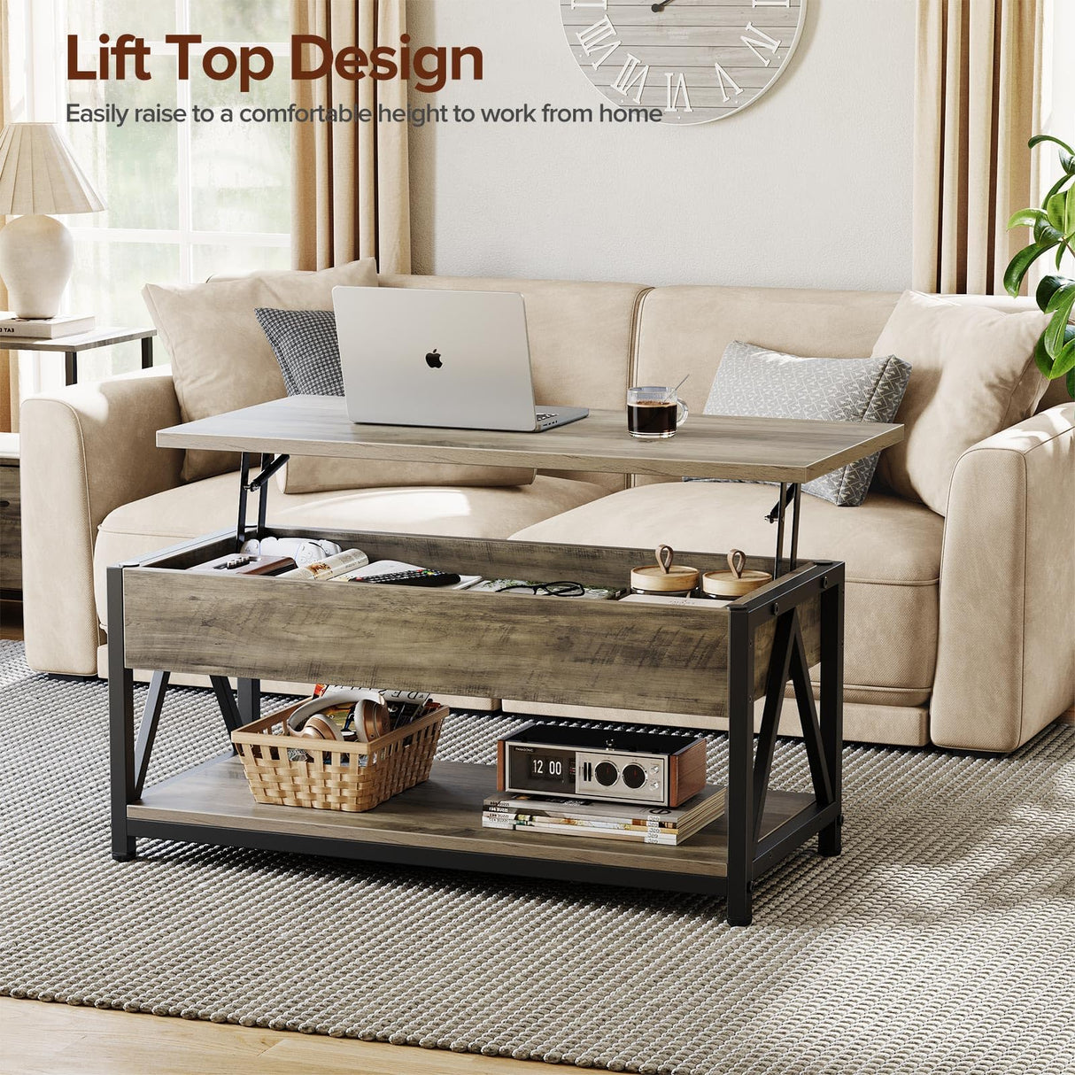 Memobarco Lift Top Coffee Table,Lift Coffee Tables with Storage Shelf and Large Hidden Compartment for Living Room,Lift Tabletop Dining Center Table for Small Space, Grey Memobarco