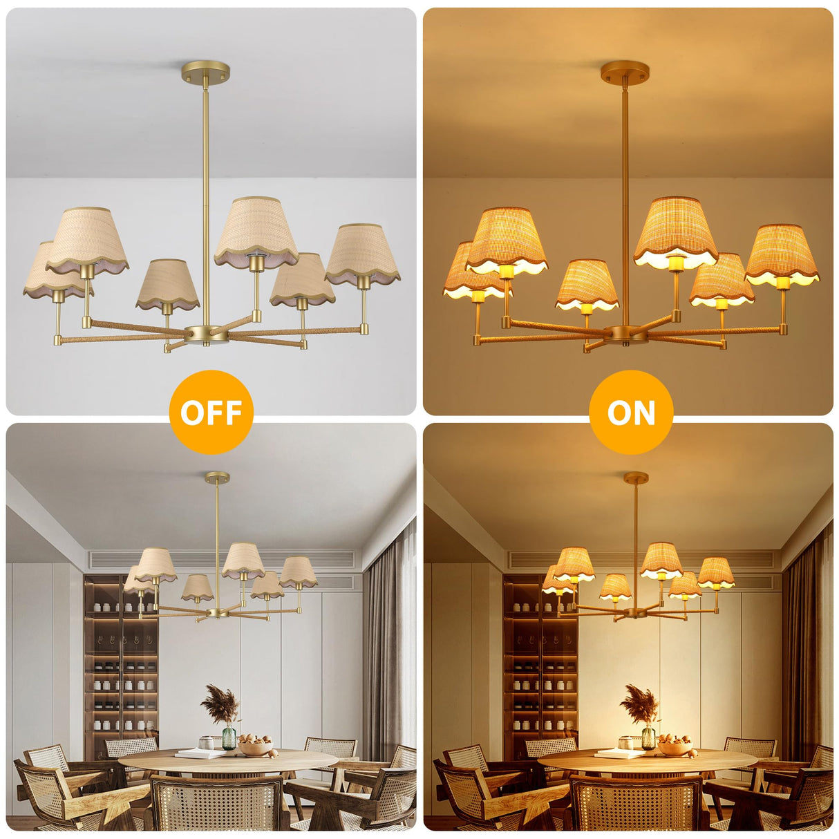 ZXFDWB Farmhouse Rattan Chandelier Light Fixture, 6-Light Boho Chandeliers for Dining Room, Adjustable Rustic Pendant Light Large Modern Gold Hanging Lighting for Kitchen Island, Living Room ZXFDWB