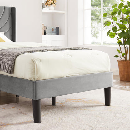 VECELO Twin Size Upholstered Platform Bed Frame with Stylish Fabric Headboard in Dark Grey - WoodArtSupply