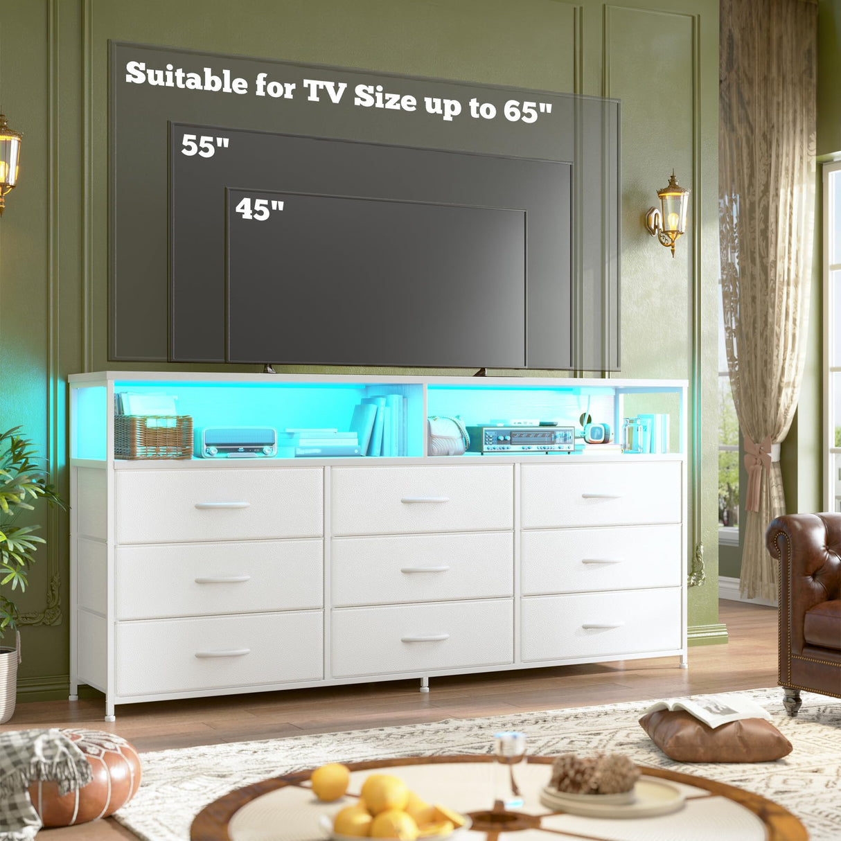 Romorgniz 55" W White Dresser for Bedroom with 9 Drawers, LED TV Stand with Power Outlets for 45, 55, 65 Inch TV, Sturdy Long Chest of Drawers with Extra 2 Wooden Shelves, 55.1" W x 35.4" H x 11.8" D Romorgniz