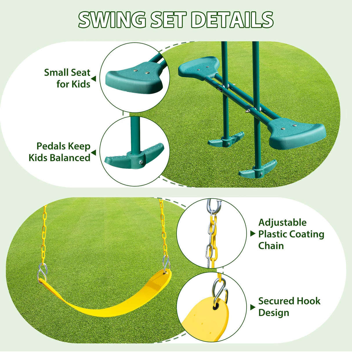 Swing Sets for Backyard, 5 in 1 Heavy-Duty Metal Swing Stand with Belt Swing, Glider, Trapeze Bar, Slide, A-Frame Outside Swing Set for Boy Girl Gift, Holds Up to 550lbs Aura Outdoor