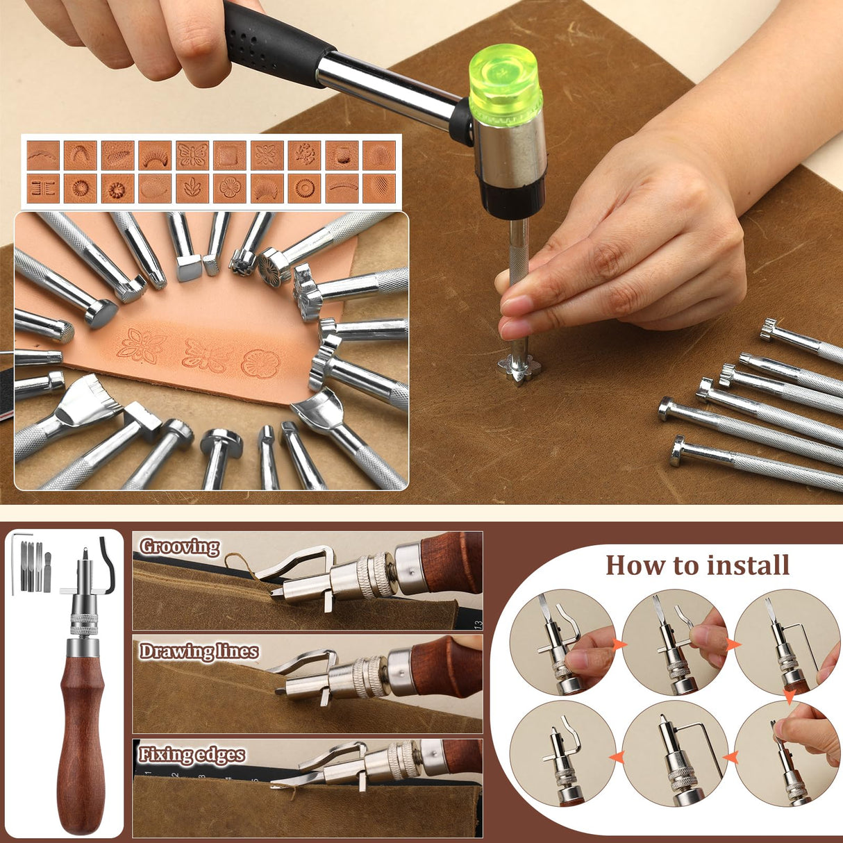 QMNNMA 102PCS Leather Working Tools Leather Tool Kit with Custom Storage Bag, Leather Carving Tools Leather Working Kit for Sewing Carving Cutting Punching Stamping QMNNMA