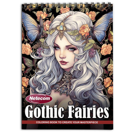 Netecom Gothic Fairies Coloring Book for Adults, Spiral Bound Edition, Softcover, 30 Intriguing Coloring Pages of Dark Fairy for Stress Relief and Relaxation Netecom