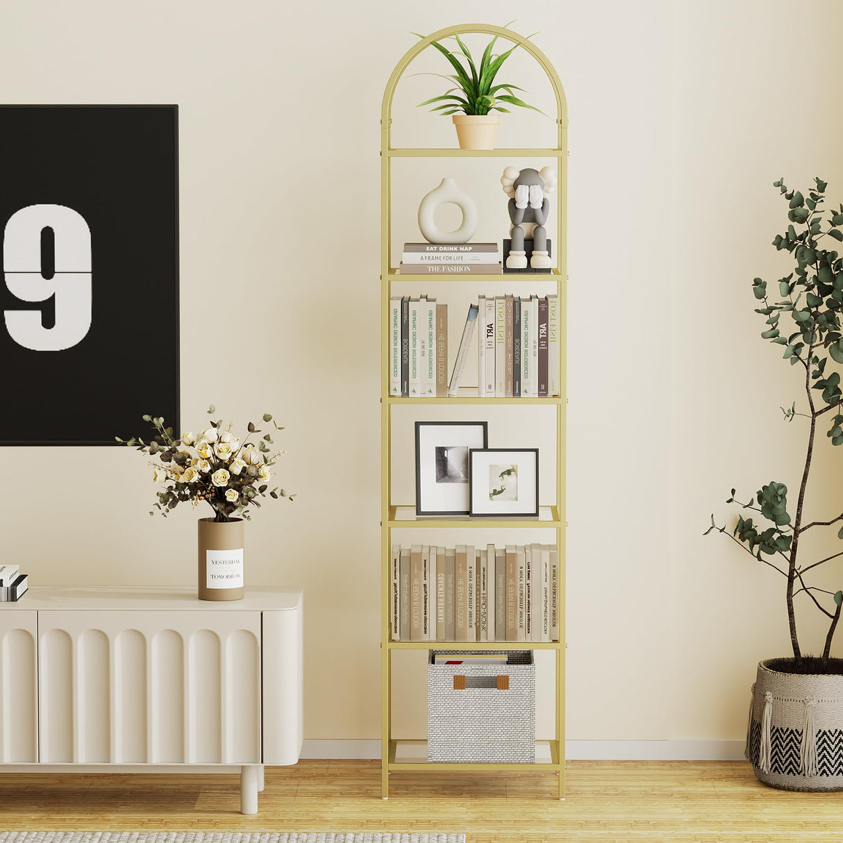 Homhedy Bookshelf Arched Display Racks,Metal Bookcase,Tempered Glass Shelves,Storage Rack Shelf for Home Office,Living Room,Bedroom, Bathroom,Modern Style (Golden, 11.8" D x 13.8" W x 68.1" H) Homhedy