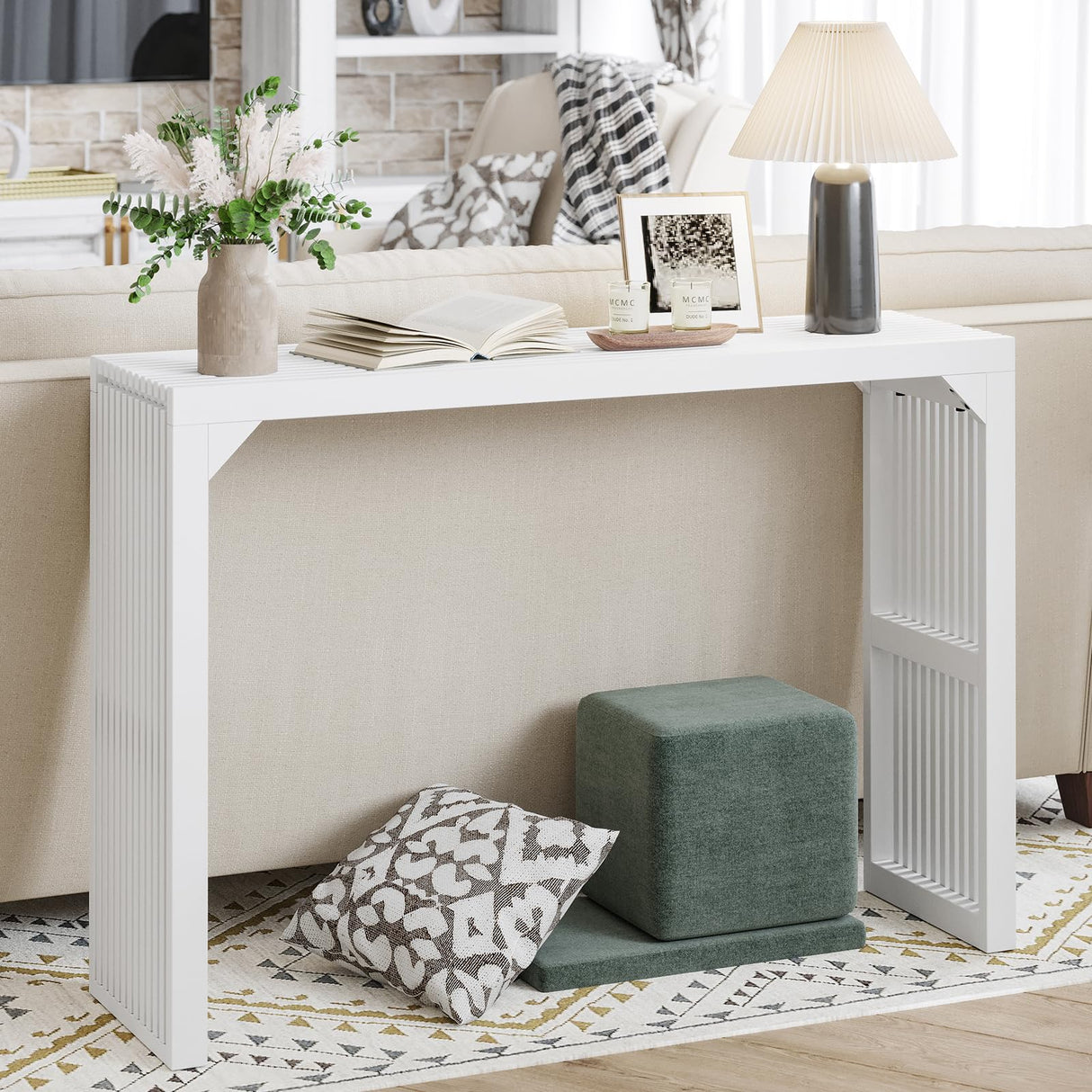 ROOMTEC Narrow Console Tables for Entryway, 46" Solid Wood Console Table Behind Couch, Farmhouse Entryway Table with Storage, Console Tables for Living Room, Hallway, Foyer (White, Console Table) ROOMTEC