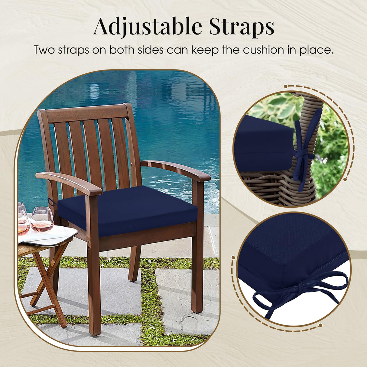 downluxe Outdoor Chair Cushions Set of 4 for Patio Furniture, Waterproof Square Corner Patio Chair Cushions with Ties, Memory Foam Outdoor Seat Cushion, 18.5" X 16" X 3", Navy downluxe