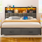 Rolanstar Bed Frame King Size with Drawers and Charging Station, Upholstered Platform Bed with Storage Headboard and LED Light, Heavy Duty Metal Frame Support, No Box Spring Needed, Noise Free, Grey Rolanstar