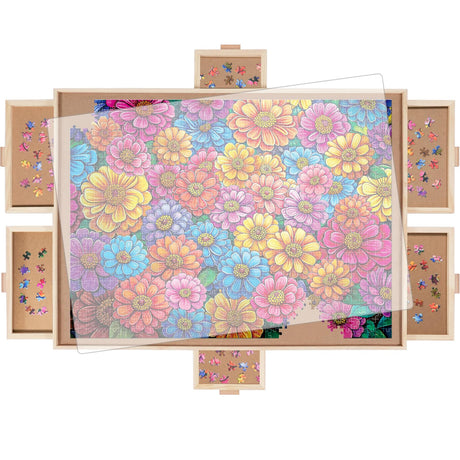 DIKASHI 1500 Pieces Rotating Puzzle Board with 6 Drawers, Lazy Susan & Transparent Cover, 34.2"x25.2" Portable Wooden Jigsaw Puzzle Board, Great Gift for Puzzle Enthusiasts DIKASHI