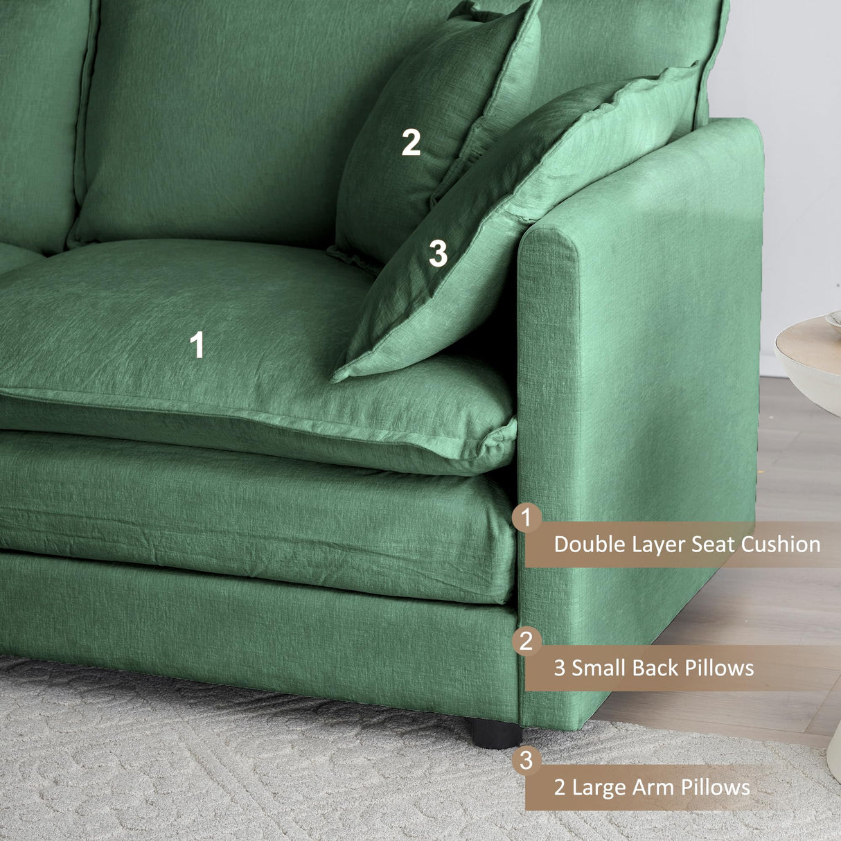 Tmsan 2 Piece Living Room Furniture Set, Green Chenille Deep Seat Loveseat and Sofa Set, Modern Luxury Sectional Cloud Couches for Apartment Office Tmsan