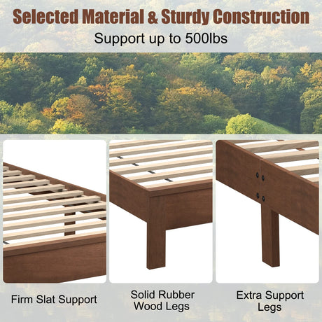 KOMFOTT Twin Size Wood Platform Bed Frame with Headboard, Wooden Mid Century Platform Bed with Slat Support & Under Bed Storage, Mattress Foundation Bed Base, No Box Spring Needed, Walnut KOMFOTT