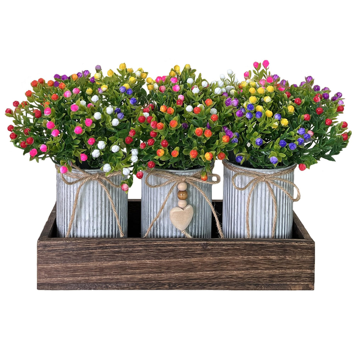 HEMYLU Table Centerpiece Decoration Artificial Flower Set with 3 Fake Milan Bouquet and Wood Tray for Desk Home Bathroom Office Décor HEMYLU