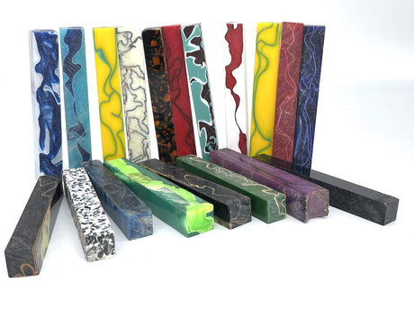 PEN KIT MALL - 10 ASSORTED ACRYLIC PEN BLANKS FOR PEN TURNING - Assorted colors & Designs - 5/8 X 5/8 X 5 Pen Kit Mall