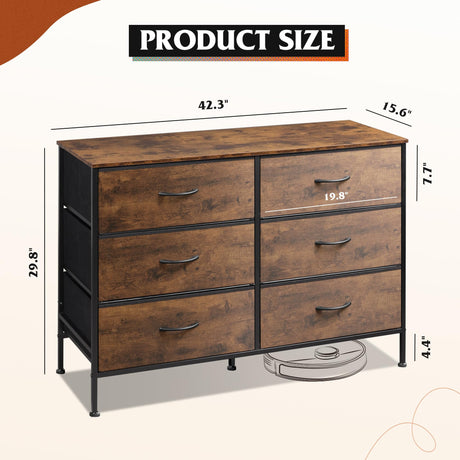 WLIVE Wide Dresser with 6 Drawers, TV Stand for 50 Inches TV, Entertainment Center with Metal Frame, Wooden Top, Fabric Storage Dresser for Bedroom, Hallway, Entryway, Rustic Brown Wood Grain Print WLIVE
