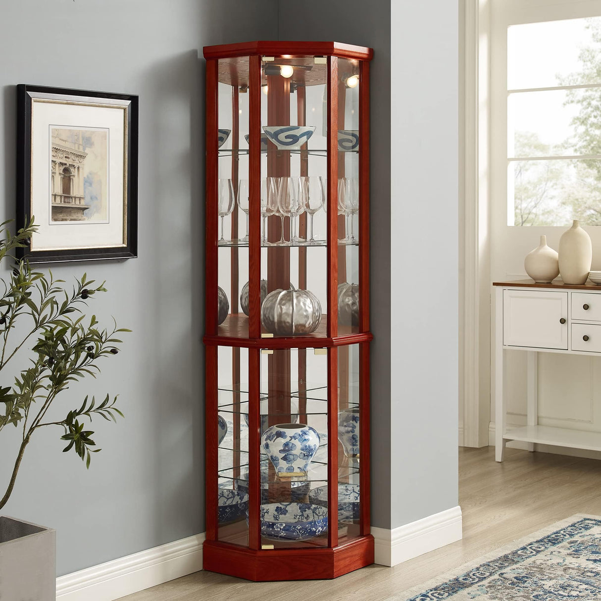 HomJoones Lighted Corner Display Curio Cabinet, 70" Tall Wooden Curved Shelving Unit with Tempered Glass Door, Bar and Liquor Storage Area with 6 Shelves (Cherry) HomJoones