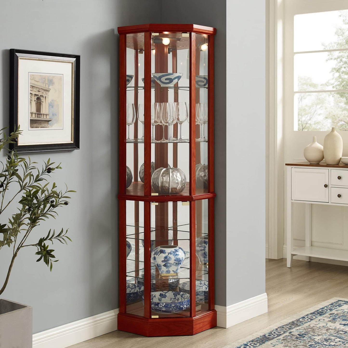 HomJoones Lighted Corner Display Curio Cabinet, 70" Tall Wooden Curved Shelving Unit with Tempered Glass Door, Bar and Liquor Storage Area with 6 Shelves (Cherry) - WoodArtSupply