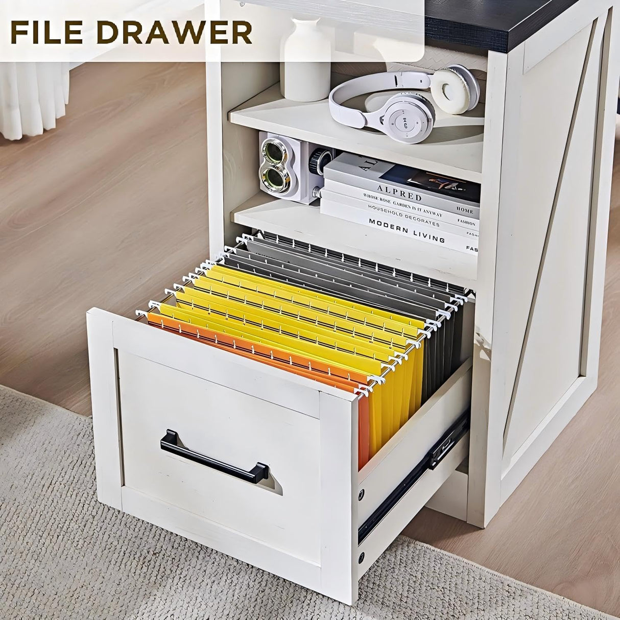 JXQTLINGMU Home Office Desk, Modern Farmhouse Computer Desk with File Cabinet Letter T4 F4 Legal, Study Writing Desk, 59 Inch, Off White JXQTLINGMU