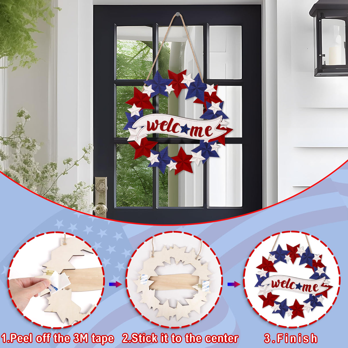 4th/Fourth of July Decorations Welcome Wreath for Front Door - Wooden Red White and Blue Star Sign, Patriotic Memorial Day Porch Home Wall Outside Decor 80UncleKimby