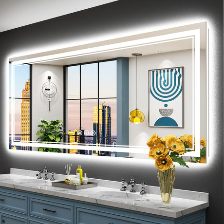 AWANDEE 72x32 LED Bathroom Mirror with Lights, Backlit + Front Lit, Anti-Fog Lighted Vanity Mirror for Bathroom Wall with 3 Colors, Stepless Dimmable, Memory, Shatter-Proof, Tempered Glass, ETL Listed AWANDEE