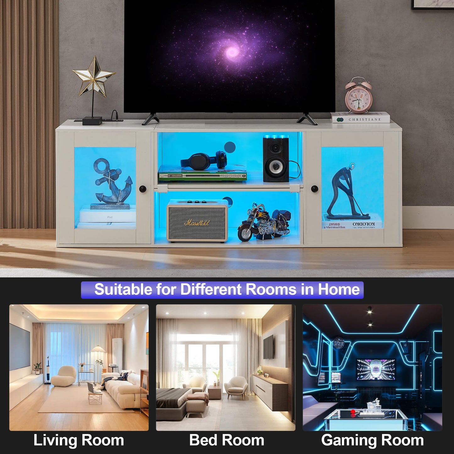 VECELO LED TV Stand for Televisions up to 70 Inchs Media Console with 23 Flashing Options and 4 Customizable Modes for Living Room, Bedroom, White