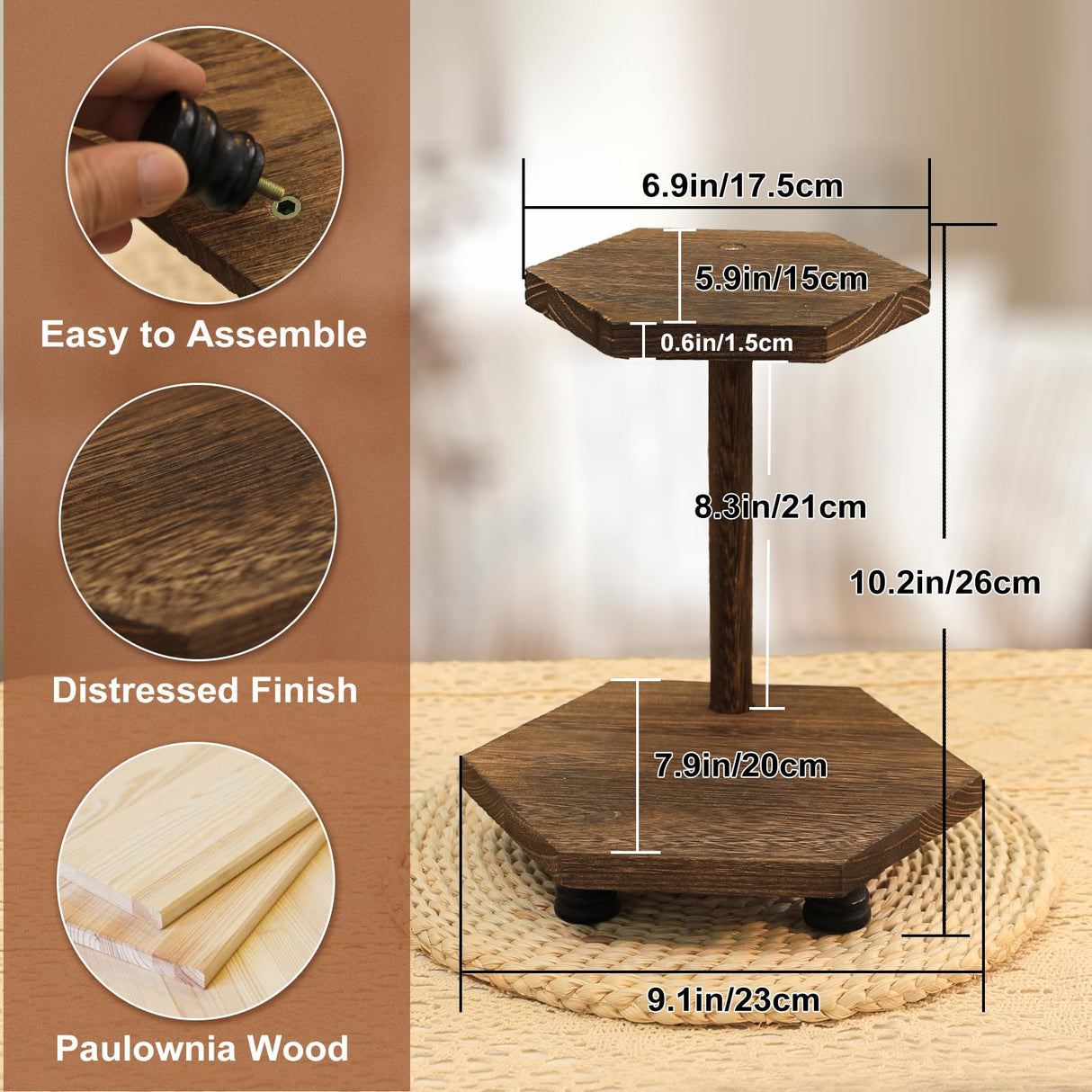 Tikea Hexagonal Wood Riser for Display, 2-Tier Rustic Wood Farmhouse Riser for Kitchen Bathroom Counter Decor, Decorative Tray for Soap Dispenser, Decorations and Plant (Brown) Tikea