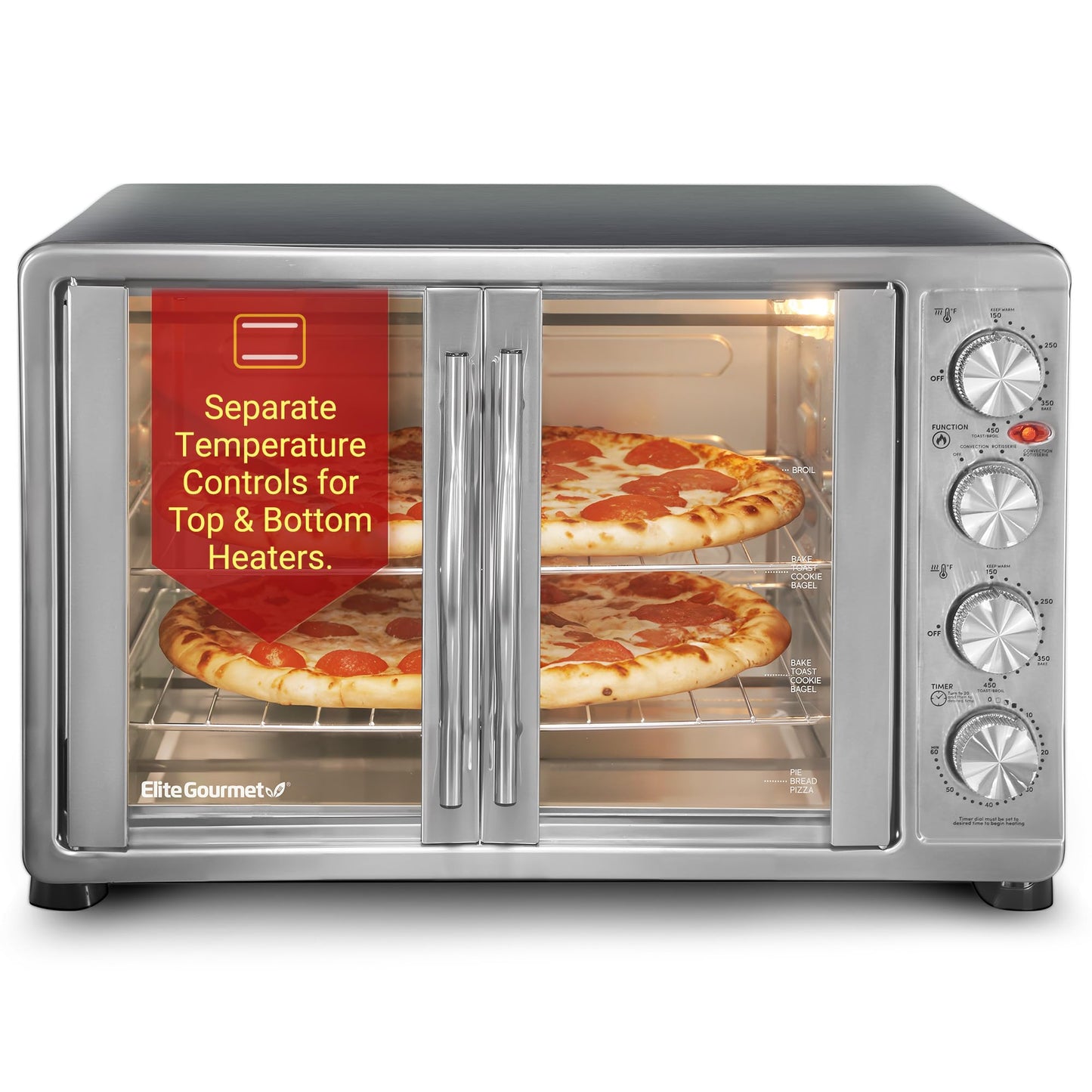 Elite Gourmet ETO-4510M French Door 47.5Qt, 18-Slice Convection Oven 4-Control Knobs, Bake Broil Toast Rotisserie Keep Warm, Includes 2 x 14" Pizza Racks, Stainless Steel