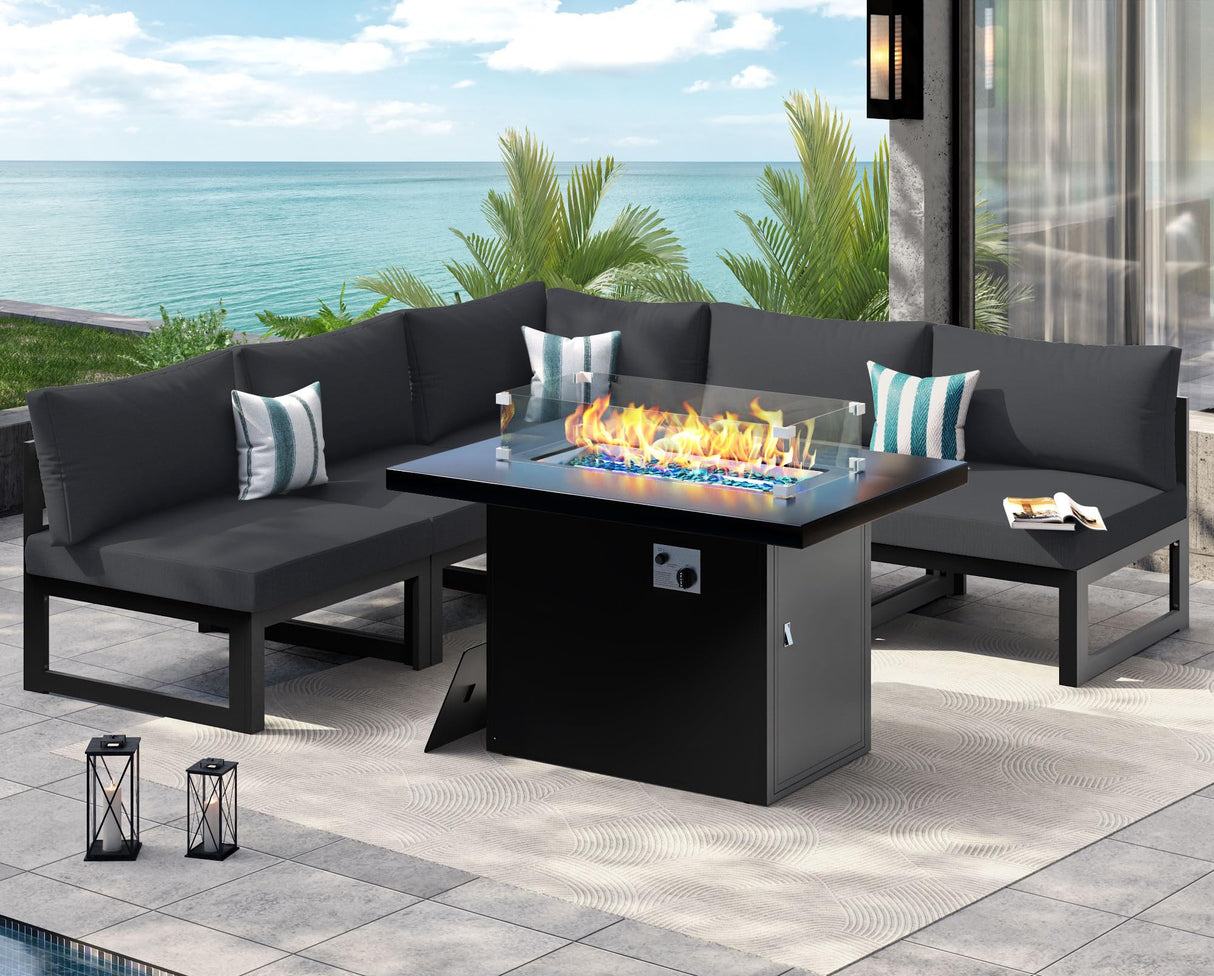 NICESOUL 5 Seat Oversized Modern Aluminum Patio Furniture Set, All Weather Rust Proof Modular Sectional Sofa with Fire Pit Table, 500 lbs Heavy Duty Comfortable Outdoor Couch for Backyard, Dark Gray NICESOUL