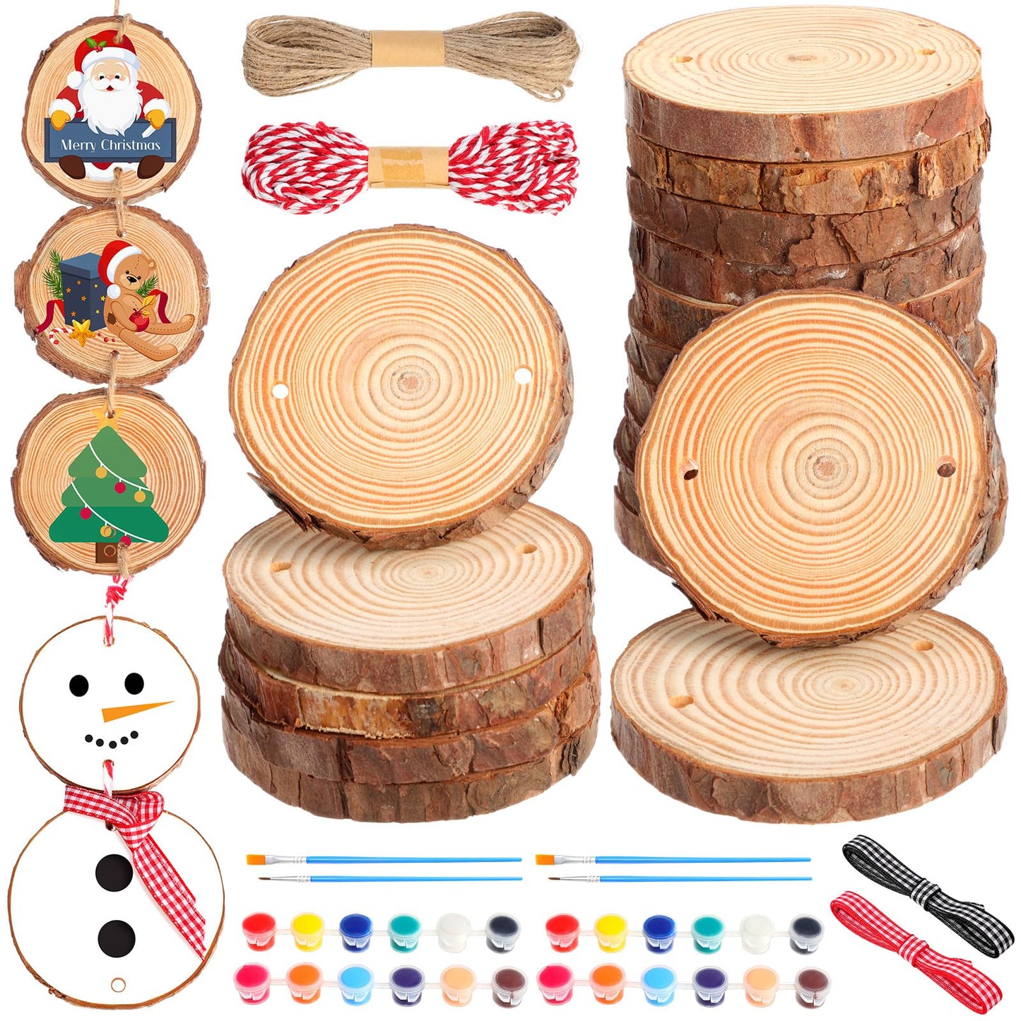 Gerrii 24 Pcs Unfinished Wood Slices with 2 Holes DIY Craft Wood Ornament Kit Natural Wood Slices, Acrylic Paint, Jute Twine, Ribbons for Halloween Christmas DIY Decoration (2.8-3.2 Inches)