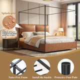 QNICE Canopy Bed Frame King Size with Upholstered Headboard, Tall Four Poster Metal Platform Bed, Easy to Assemble, No Box Spring Needed, Brown QNICE