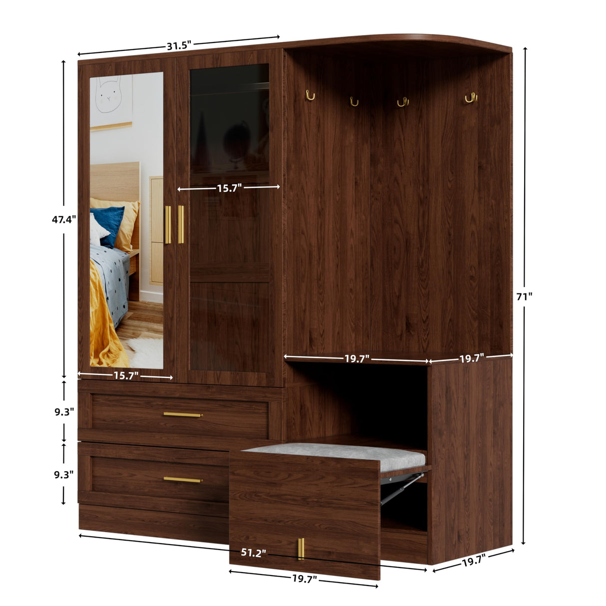 PAKASEPT 2 Doors Armoire Wardrobe Closet with Mirror,71'' Tall Freestanding Wooden Wardrobe Closet Farmhouse Storage Cabinet for Bedroom with Hanging Rod,Clothes Hook,Drawers,Hidden Bench,Retro Brown PAKASEPT