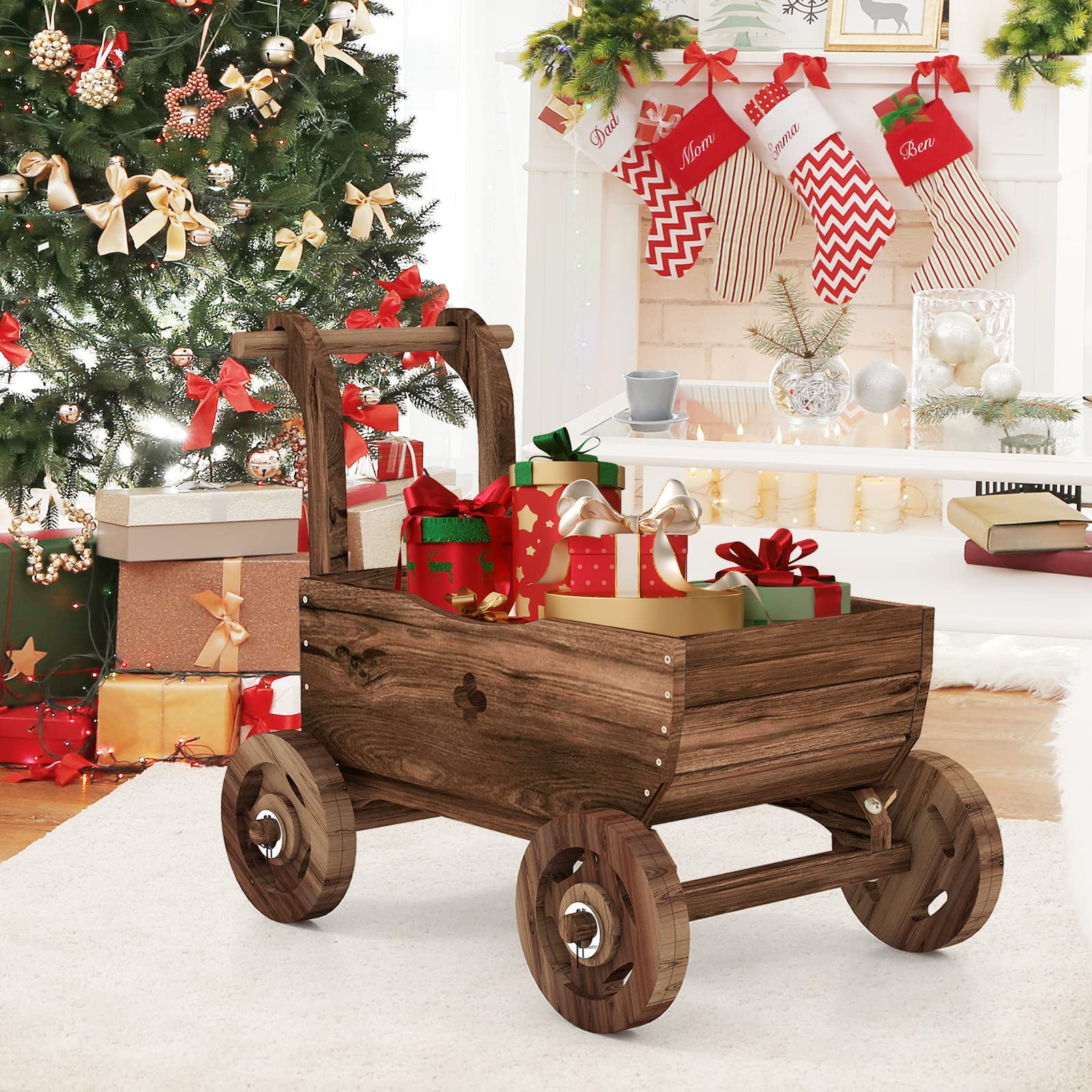 S AFSTAR Wooden Wagon Planter Box, Mobile Garden Planter with 4 Wheels, Handle, Drain Hole, Decorative Flower Planter for Indoor & Outdoor Decor, Wooden Flower Cart for Patio, Garden, Balcony - WoodArtSupply