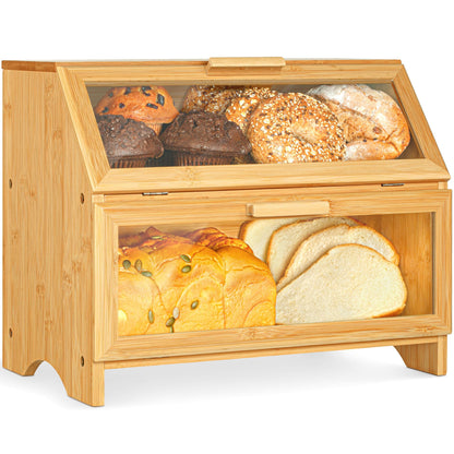 Golden Nature Double Layer Bamboo Bread Box for Kitchen Countertop, Large Wooden Storage Box W/Clear Display Windows, Food Keeper for Muffins, Bagels & Cookies - WoodArtSupply