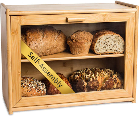 Laura's Green Kitchen Bread Box - Bamboo Bread Box For Kitchen Countertop | Bread Storage For Homemade Bread, Double Layer Bread Box For Kitchen Counter, Farmhouse Bread Container, Wood Breadbox Laura's Green Kitchen