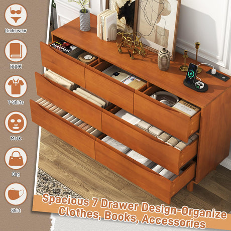 chartustriable 55”Solid Wood Drawers Dresser with Power Outlets, 7 Drawer Dresser for Bedroom, Mid Century Modern Vintage Large Chest of Dresser for Hallway, Entryway,Cutout Handle, Caramel chartustriable