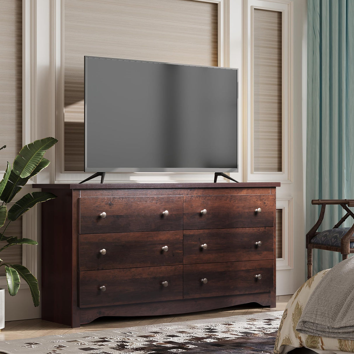 WLIVE Wood Dresser with 6 Drawer, Wide Chest of Drawers for Bedroom, Long Nightstand with Drawers, Modern Large Storage Tower Unit, Closet Store Organizer for Living Room, Hallway, Brown WLIVE