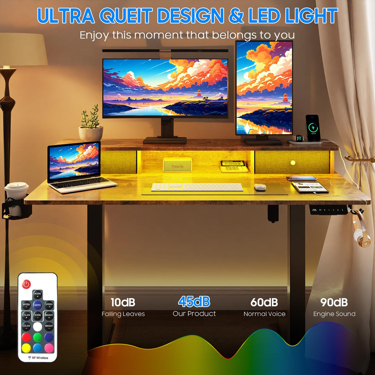 Vabches Electric Standing Desk Adjustable Height, LED Stand Up Desk with Drawers and Charging Station 48 Inch Ergonomic Sit Stand Desk with Storage Uplift Work Desk for Home Office (Rustic Brown) Vabches