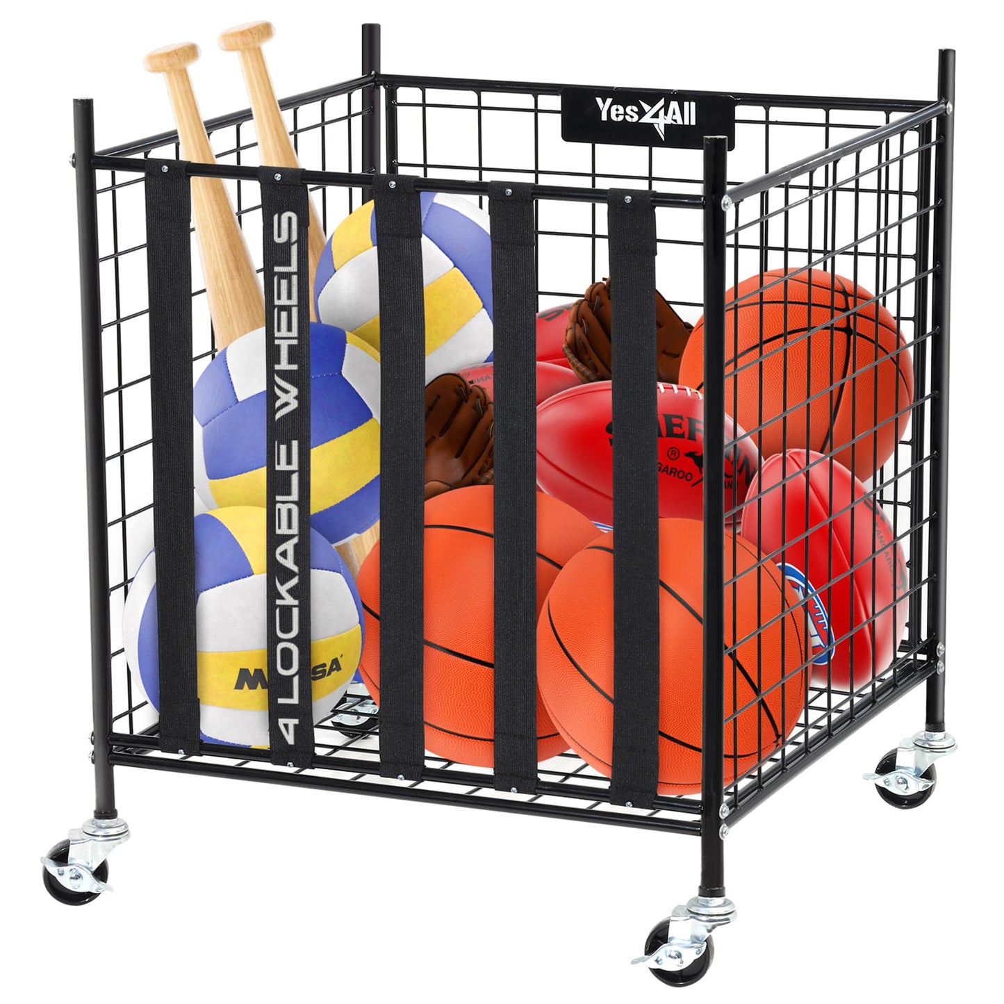 YES4ALL Rolling Ball Cart Storage with Lockable Wheels Volleyball Basketball Holder, Toy Balls Bin, Garage Cage, Storage Racks, Sports Equipment Organizer, Ball Rack for Outdoor Indoor Use