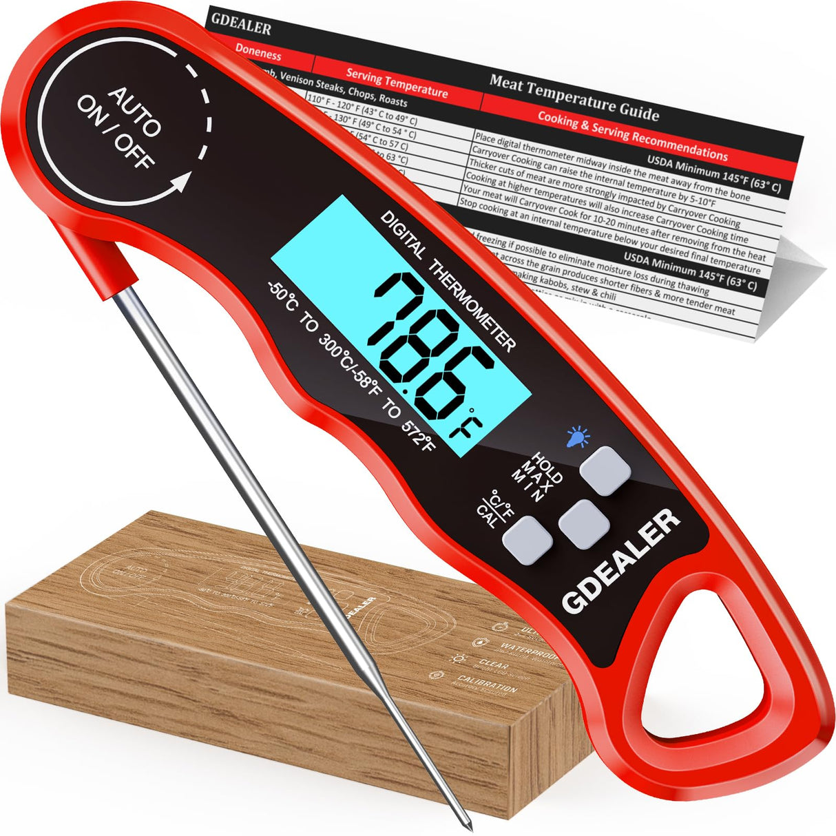 GDEALER Meat Thermometer Digital Instant Read Food Thermometer Waterproof Ultra-Fast for Grill Cooking Kitchen with Backlight & Calibration GDEALER