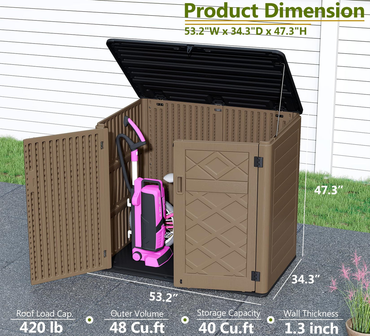 HOMSPARK Storage Shed Weather Resistance, Multi-Purpose Outdoor Storage Cabinet for Backyards and Patios, Horizontal Storage Shed for Lawnmower, Patio Accessories (Brown, X Large - 48 cu.ft) HOMSPARK