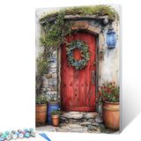 Tucocoo DIY Paint by Number for Adults, Red Wooden Door Painting by Number Kits, Acrylic Easy Paint by Numbers on Canvas, Fairytale Forest Floral Wreath Picture for Home Decor 16x20 Inch (Frameless) Tucocoo