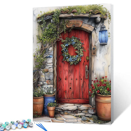 Tucocoo DIY Paint by Number for Adults, Red Wooden Door Painting by Number Kits, Acrylic Easy Paint by Numbers on Canvas, Fairytale Forest Floral Wreath Picture for Home Decor 16x20 Inch (Frameless) Tucocoo